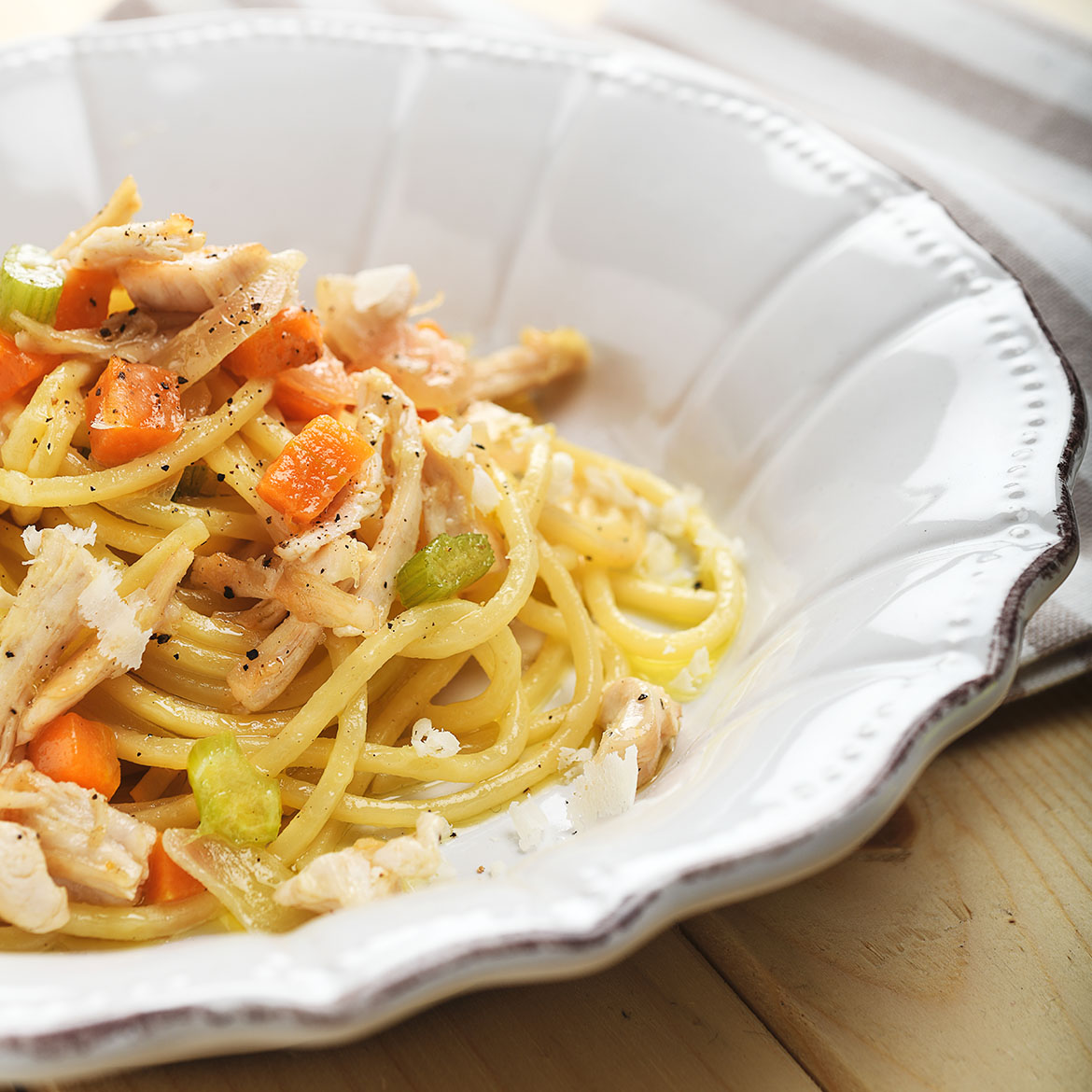 Spaghetti alla chitarra al ragù bianco di pollo e verdure ...